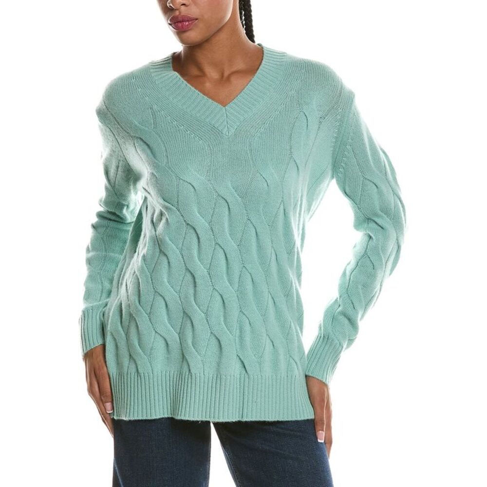 Forte Cashmere Womens Long Cable V-Neck Cashmere Sweater